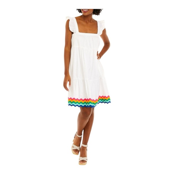 crown & ivy Dresses & Skirts - NWT Crown & Ivy White Sleeveless Tiered Swing Dress with Multicolor Hem Size XL